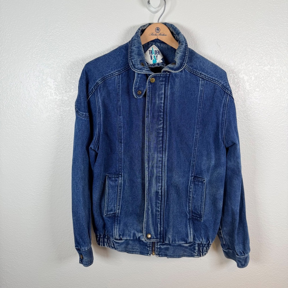 Trader Bay Vintage Blue Denim Bomber Jacket Mens Large Full Zip Snap Neck